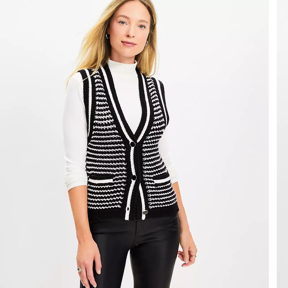 LOFT Black and White Striped V-Neck Button Front Sweater Vest